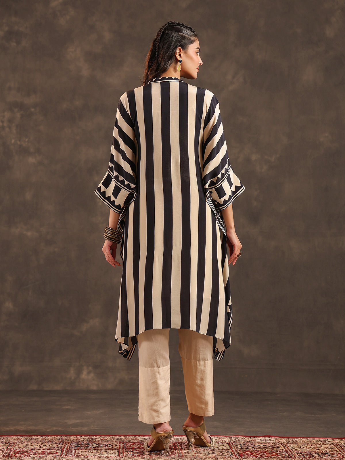 Beige black viscose crepe striped kaftan style kurti set