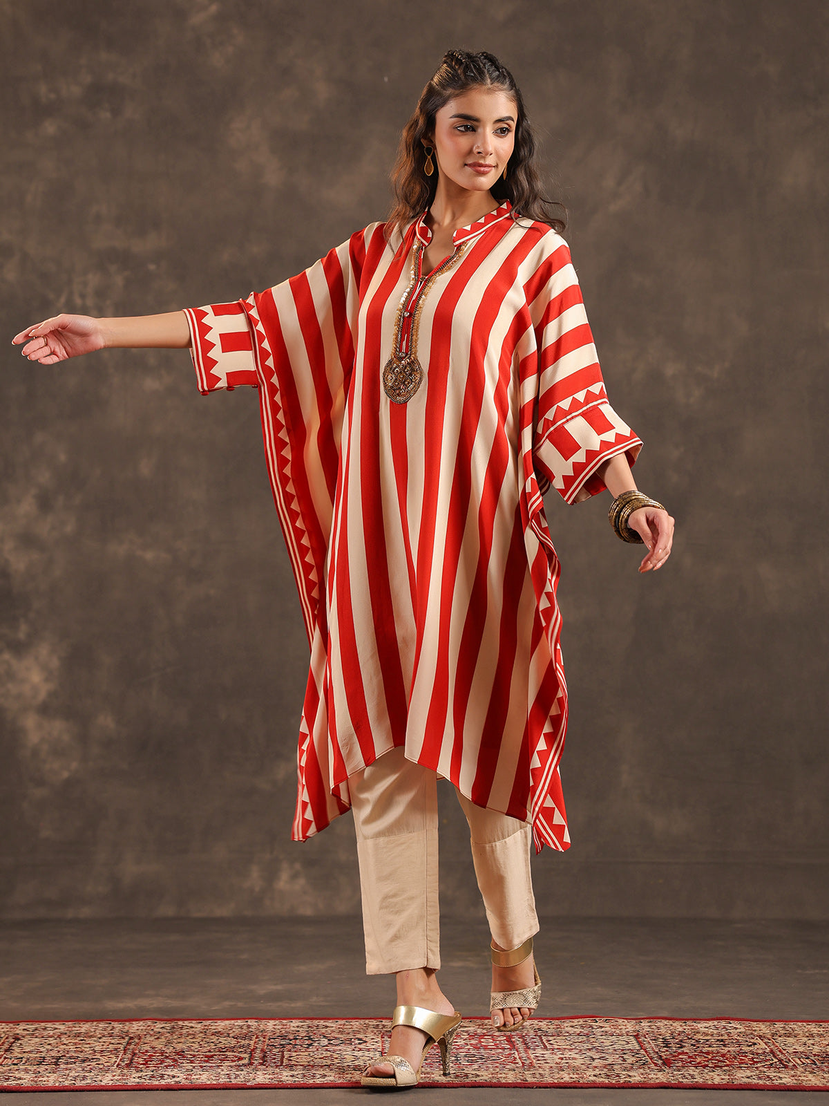 Beige red viscose crepe striped kaftan style kurti set