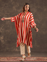 Beige red viscose crepe striped kaftan style kurti set