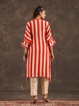 Beige red viscose crepe striped kaftan style kurti set