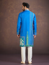 Blue cotton silk printed kurta suit with resham work