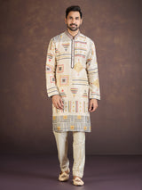 Beige geometric printed cotton linen festive kurta suit set