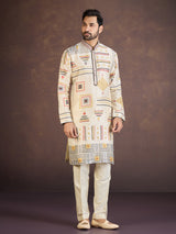 Beige geometric printed cotton linen festive kurta suit set