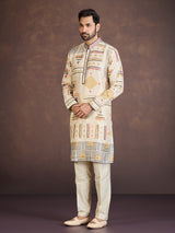 Beige geometric printed cotton linen festive kurta suit set