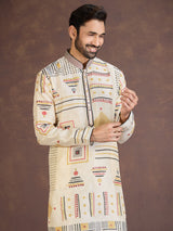 Beige geometric printed cotton linen festive kurta suit set