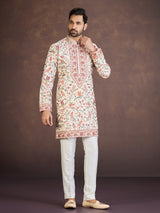 Cream silk embroidered floral bird motif kurta pyjama