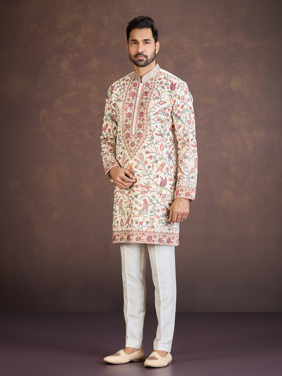 Cream silk embroidered floral bird motif kurta pyjama
