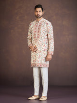 Cream silk embroidered floral bird motif kurta pyjama