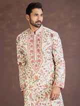 Cream silk embroidered floral bird motif kurta pyjama