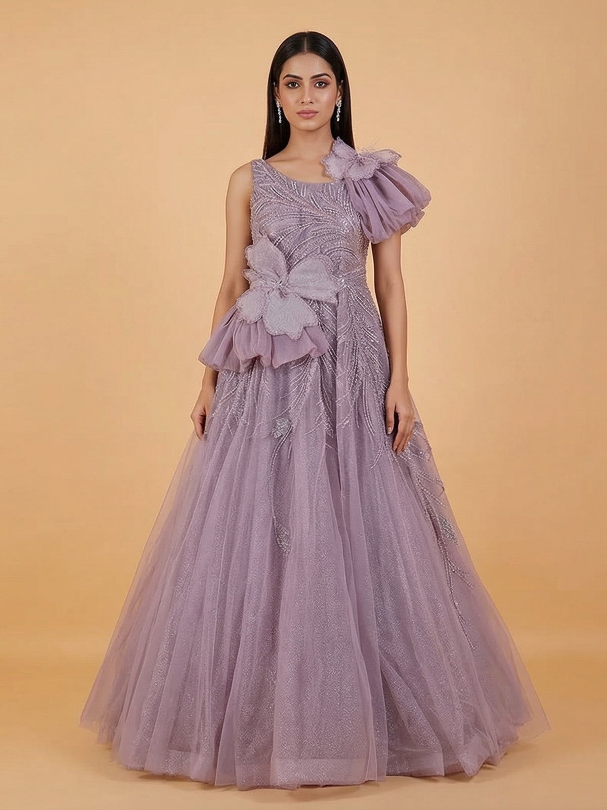 Pretty light purple net designer gown