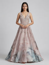 Peach printed designer gown in organza
