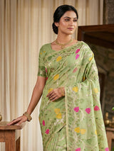 Pista green festive wear saree in cotton linen