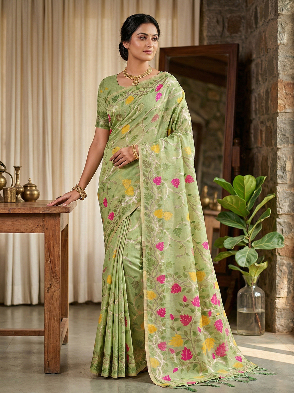 Pista green festive wear saree in cotton linen
