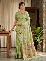 Pista green festive wear saree in cotton linen
