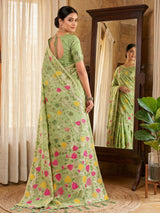 Pista green festive wear saree in cotton linen