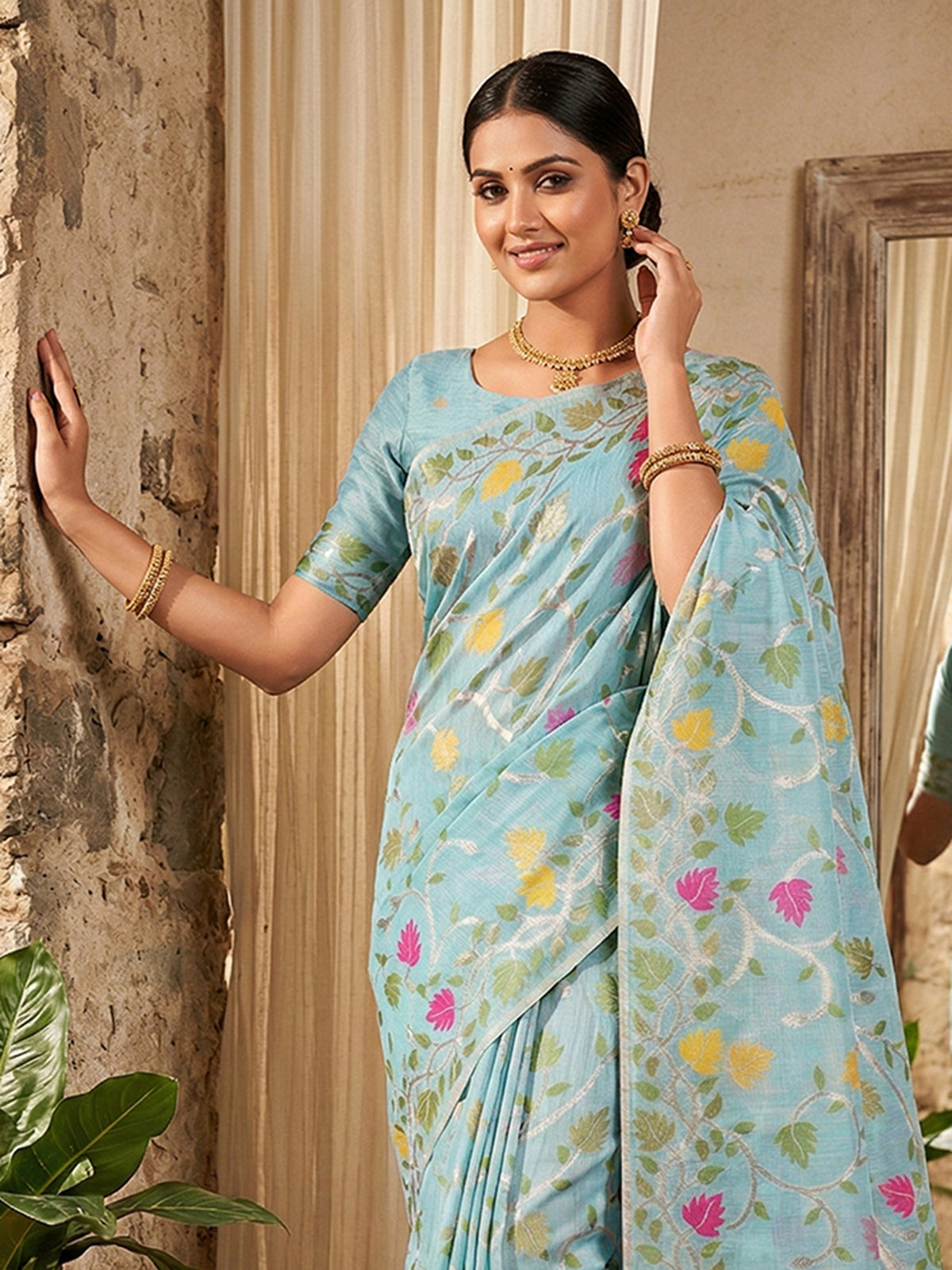 Blue cotton linen saree for festive wear