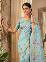 Blue cotton linen saree for festive wear