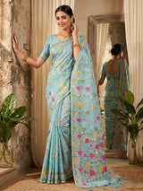 Blue cotton linen saree for festive wear