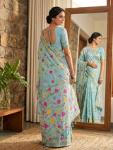 Blue cotton linen saree for festive wear
