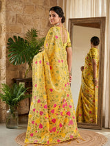 Yellow cotton linen saree with bold motifs