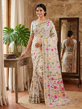 White cotton linen saree with bold motifs