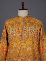 Yellow cotton silk printed festive kurta suit