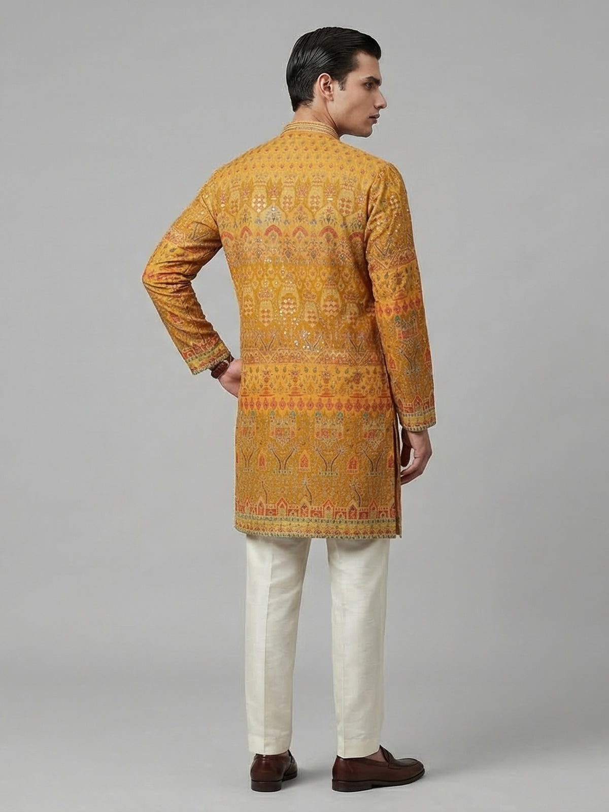 Yellow cotton silk printed festive kurta suit