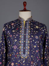 Navy blue silk floral printed festive kurta suit