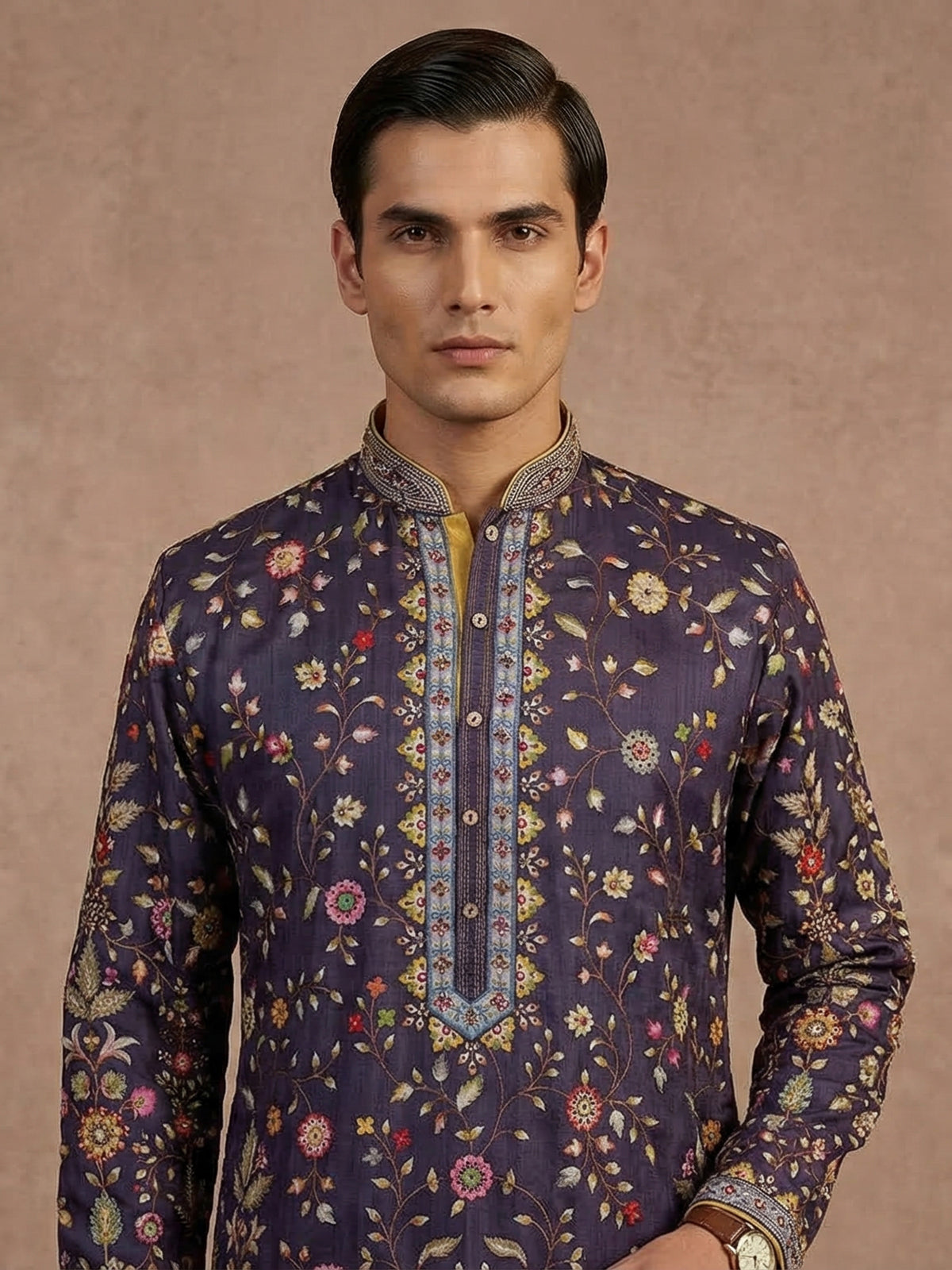 Navy blue silk floral printed festive kurta suit