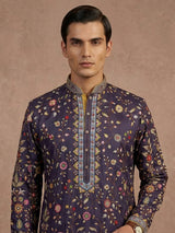 Navy blue silk floral printed festive kurta suit