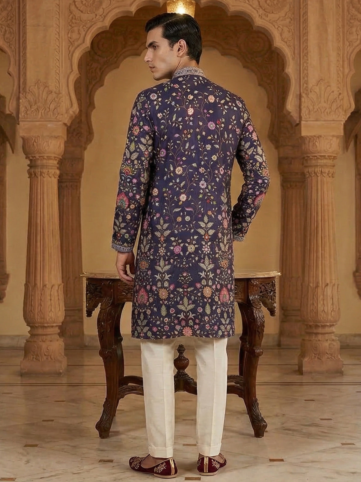 Navy blue silk floral printed festive kurta suit