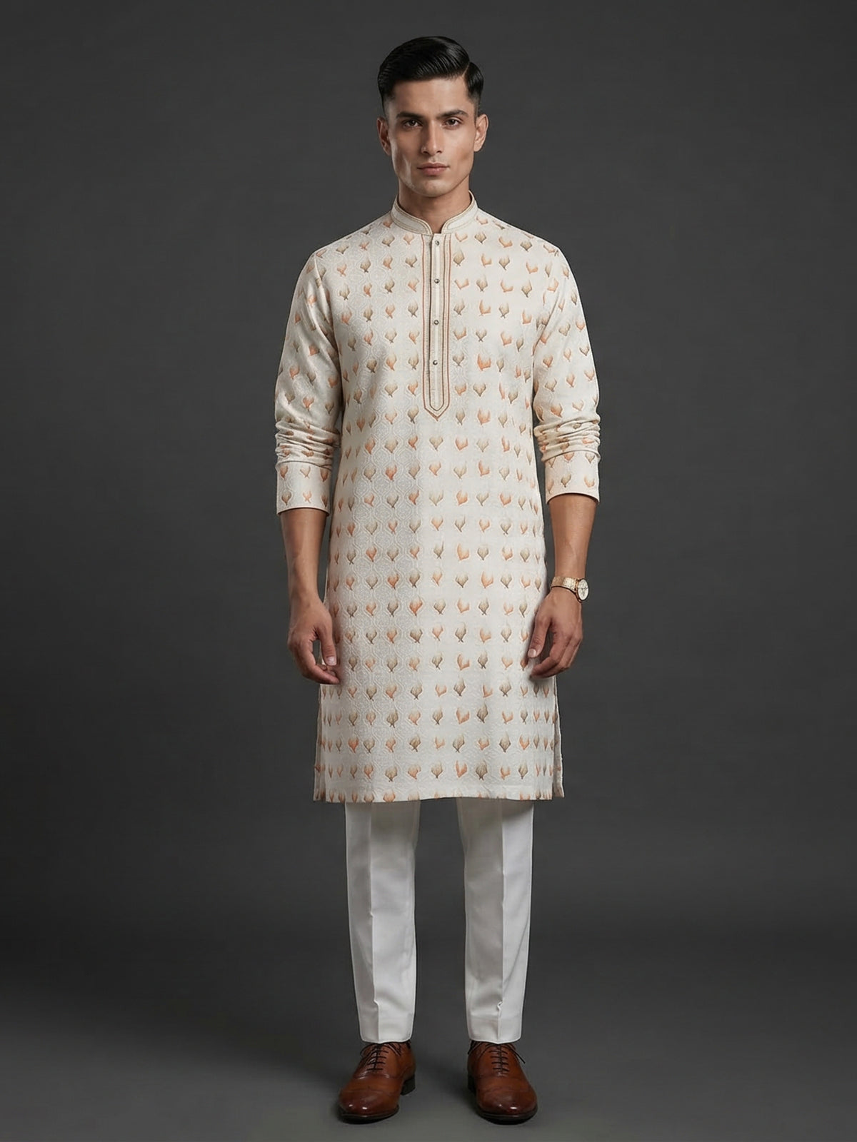Cream textured silk festive wear kurta suit