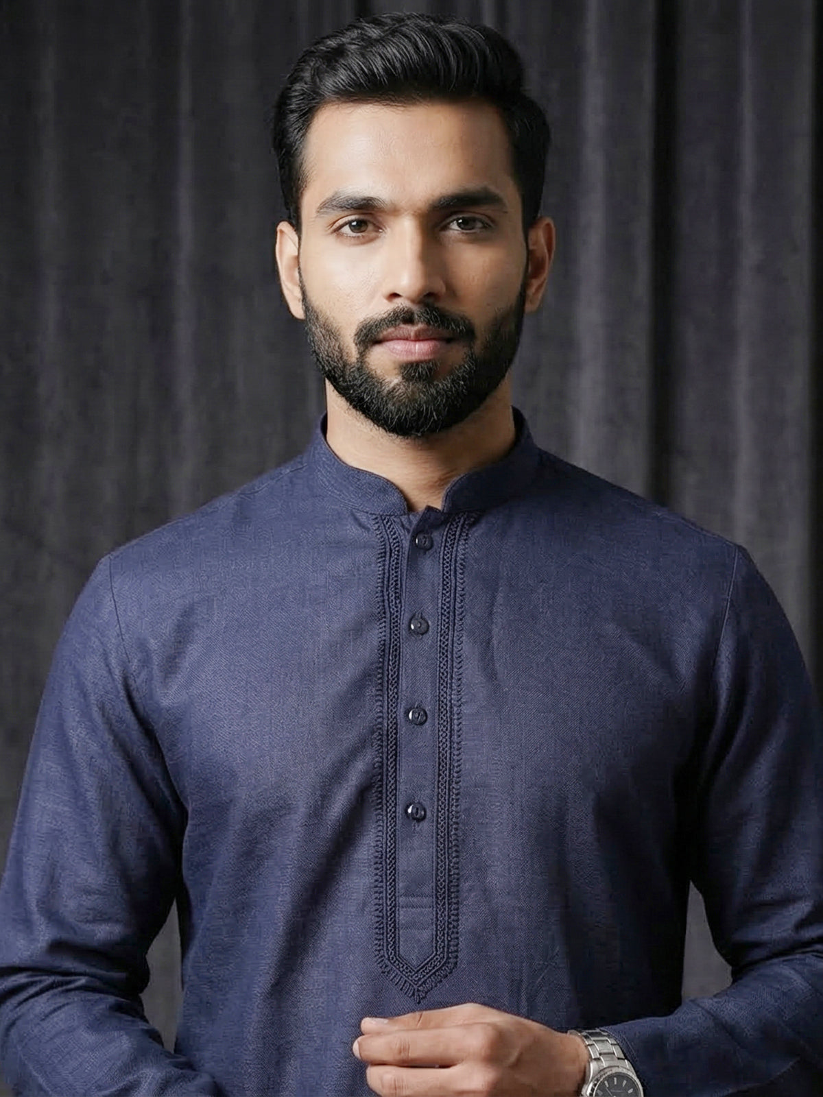 Navy silk plain festive mens kurta suit