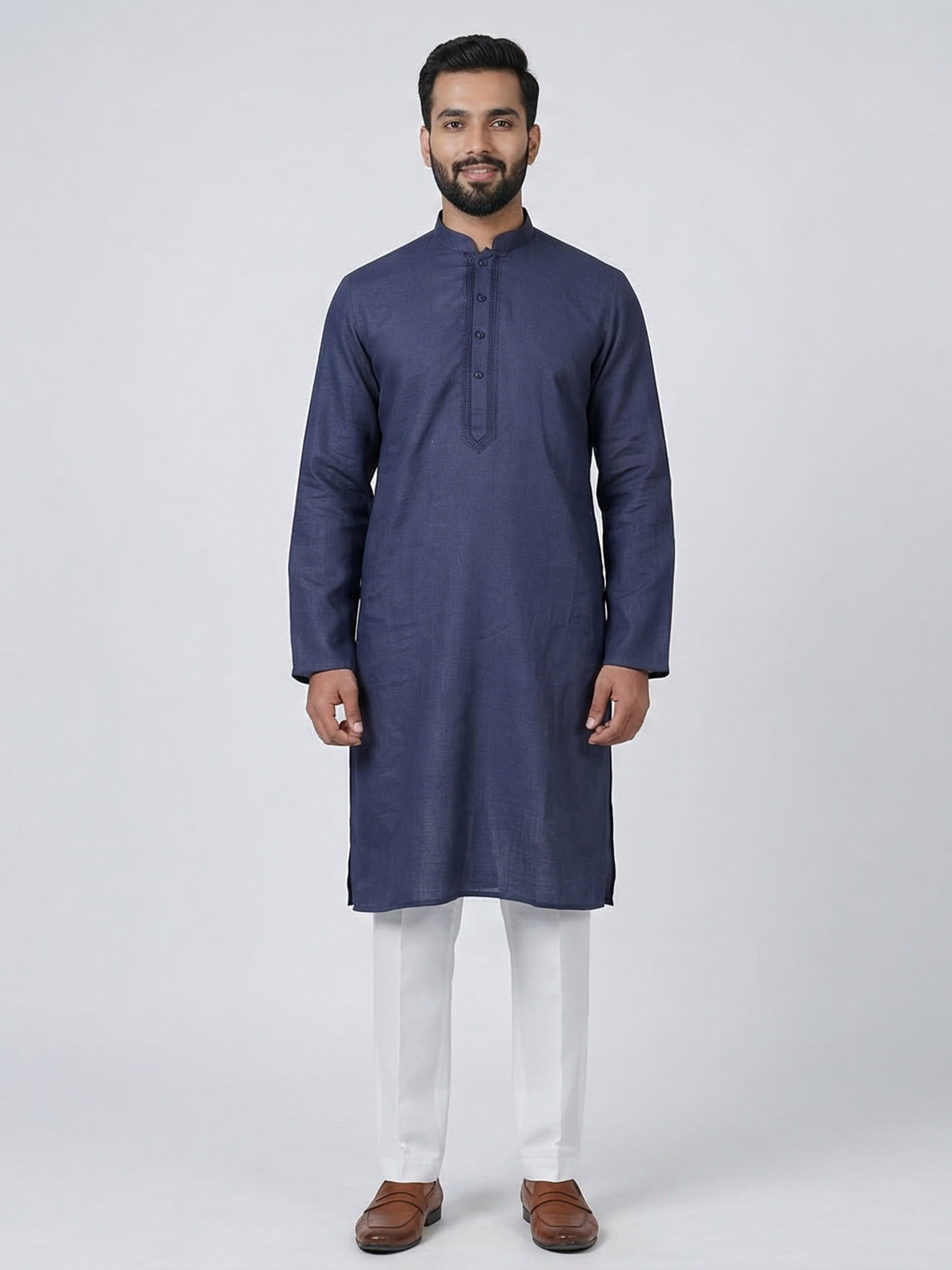 Navy silk plain festive mens kurta suit