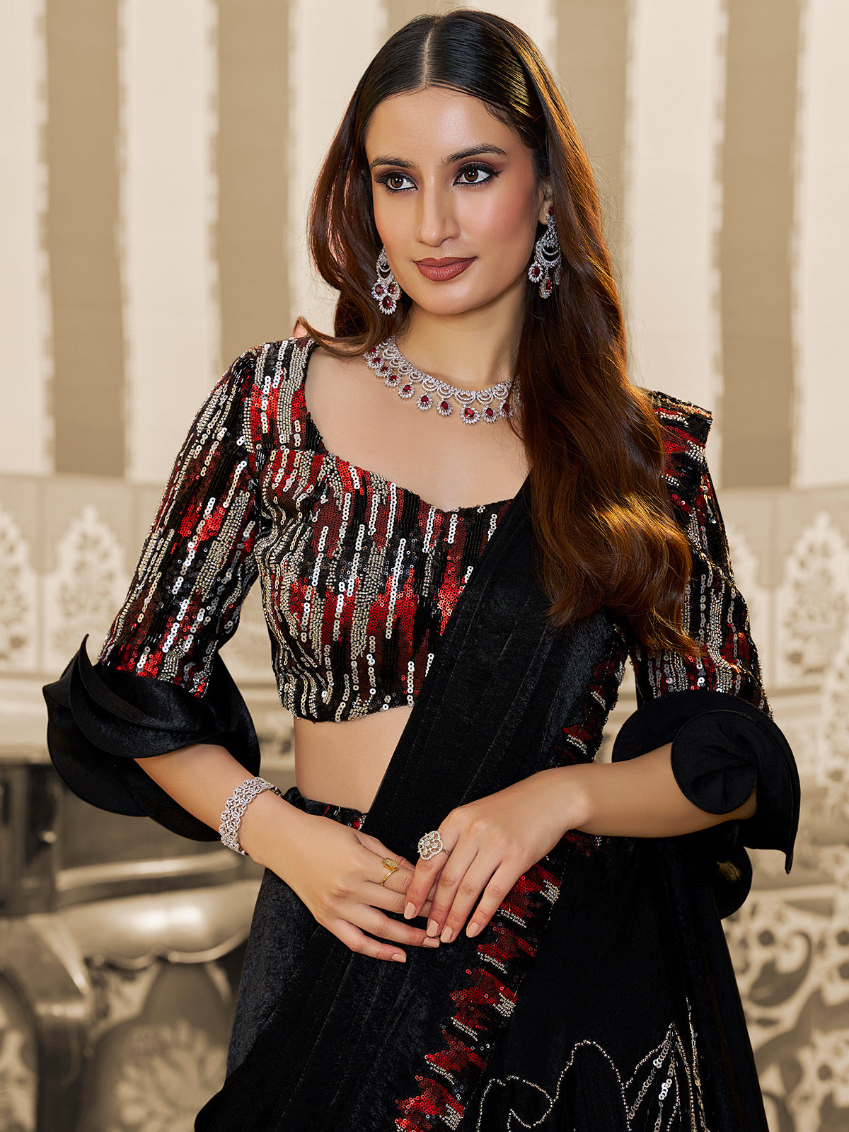 Black velvet satin lehenga saree with cutdana work for party wear