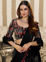 Black velvet satin lehenga saree with cutdana work for party wear