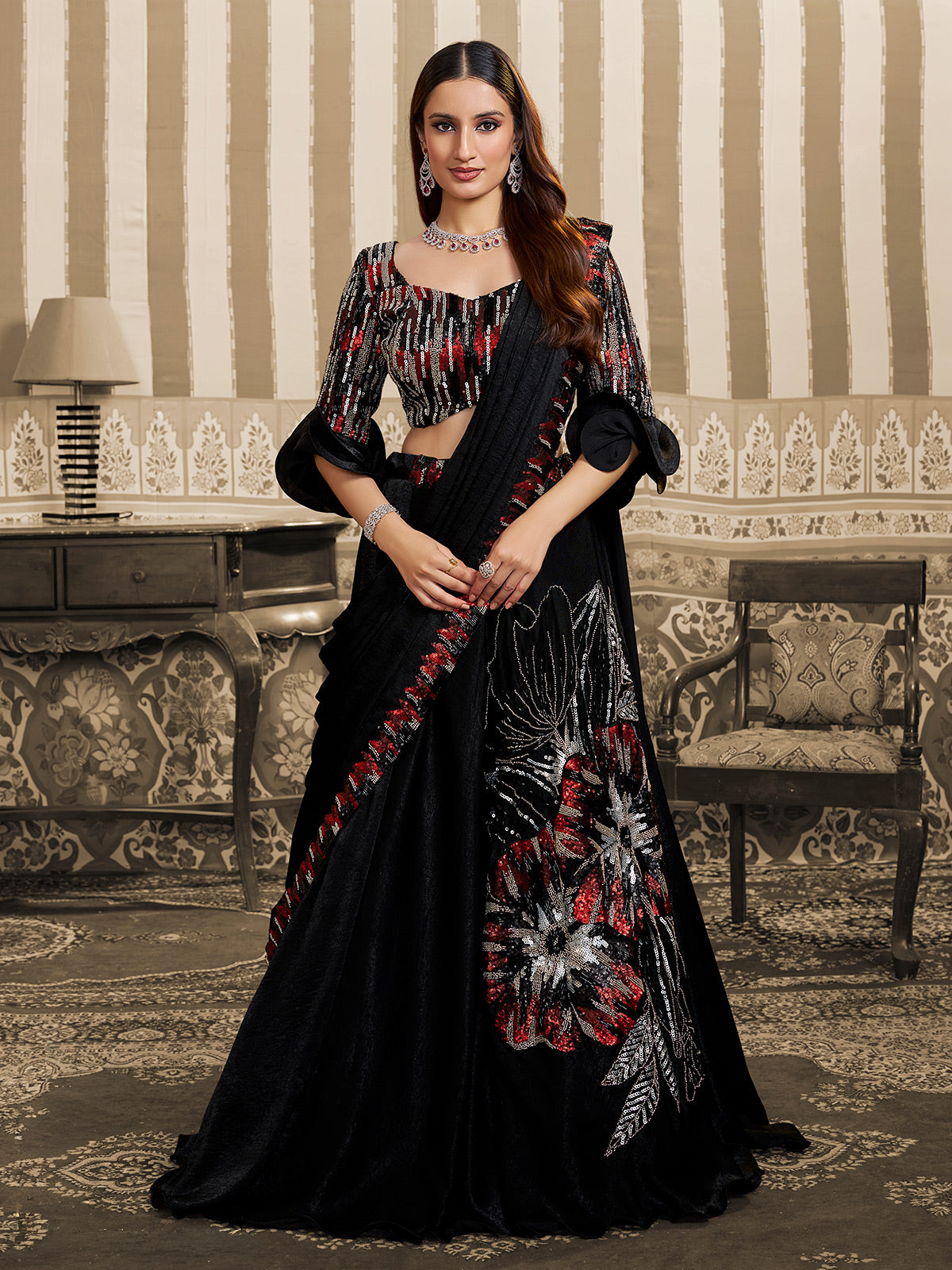 Black velvet satin lehenga saree with cutdana work for party wear