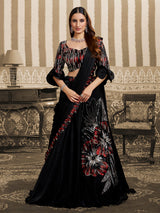 Black velvet satin lehenga saree with cutdana work for party wear