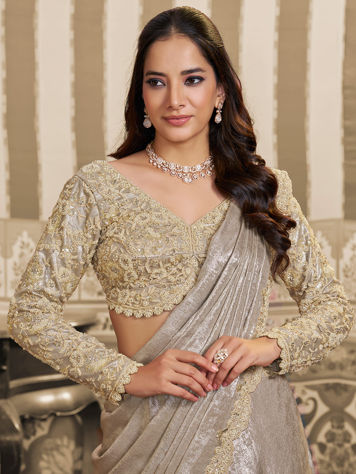 Beige foil satin lehenga saree for reception wear