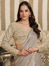 Beige foil satin lehenga saree for reception wear