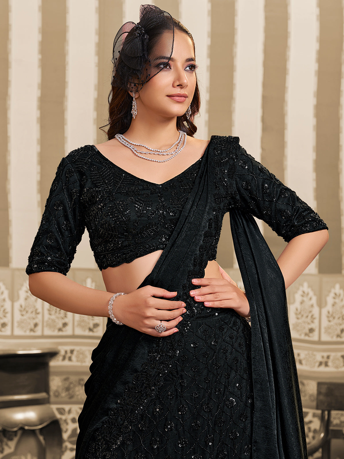 Black foil satin lehenga saree with cutdana detailing