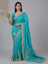 Aqua dola silk shimmering zardosi festive saree elegance