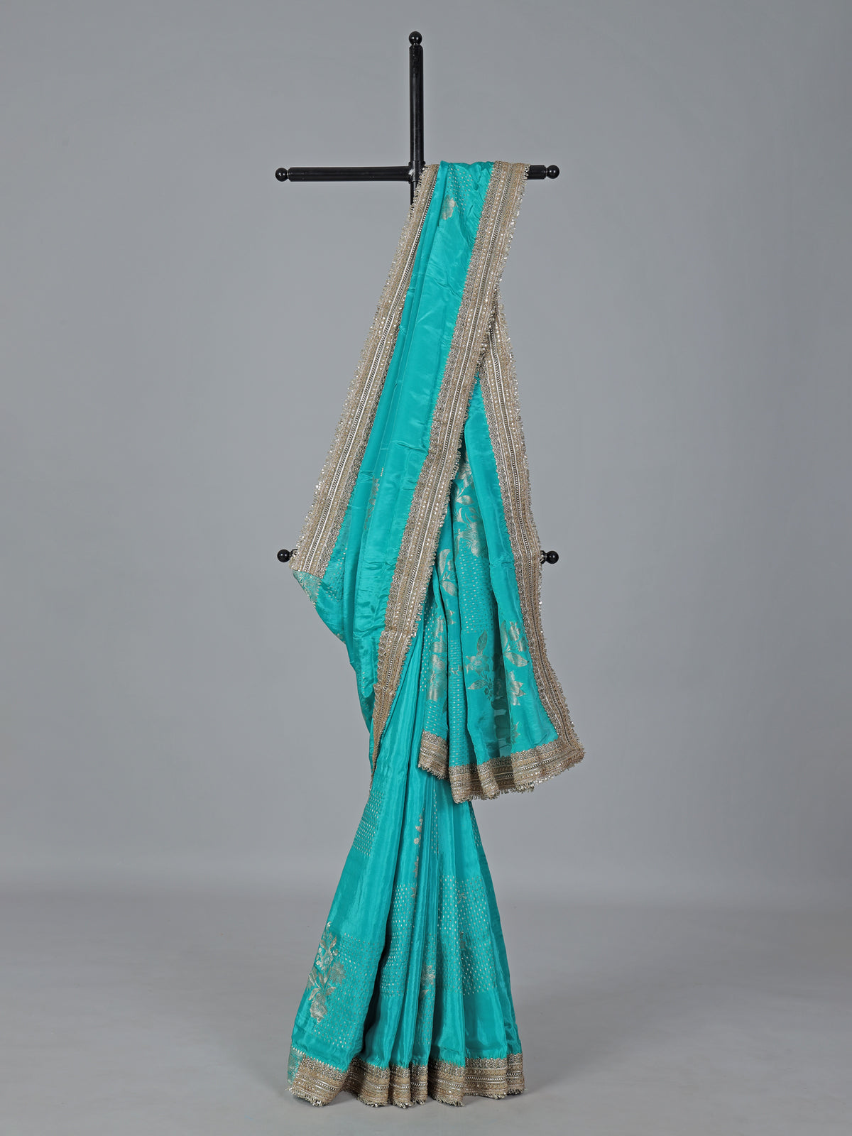 Aqua dola silk shimmering zardosi festive saree elegance