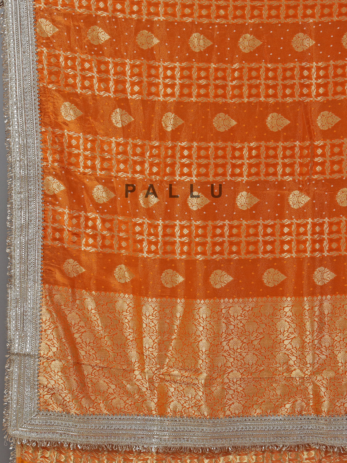 Rust orange dola silk zardosi detailed festive saree