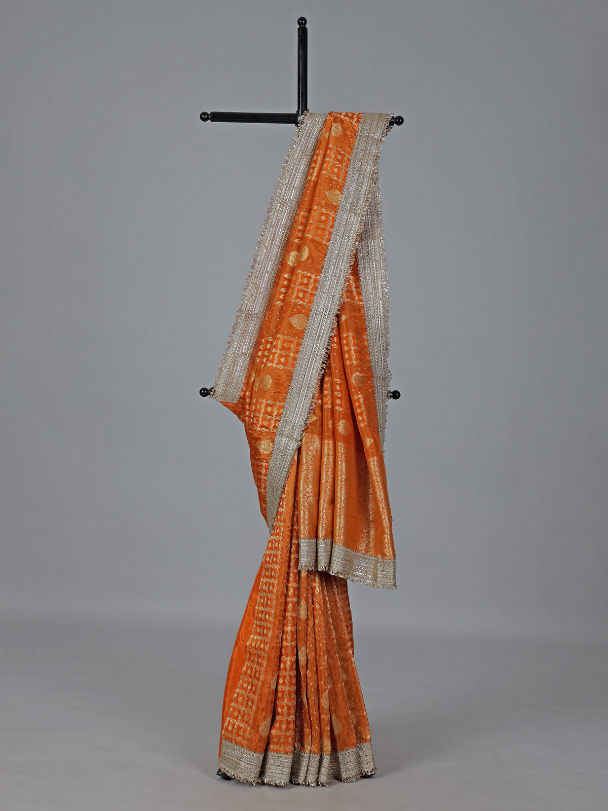 Rust orange dola silk zardosi detailed festive saree
