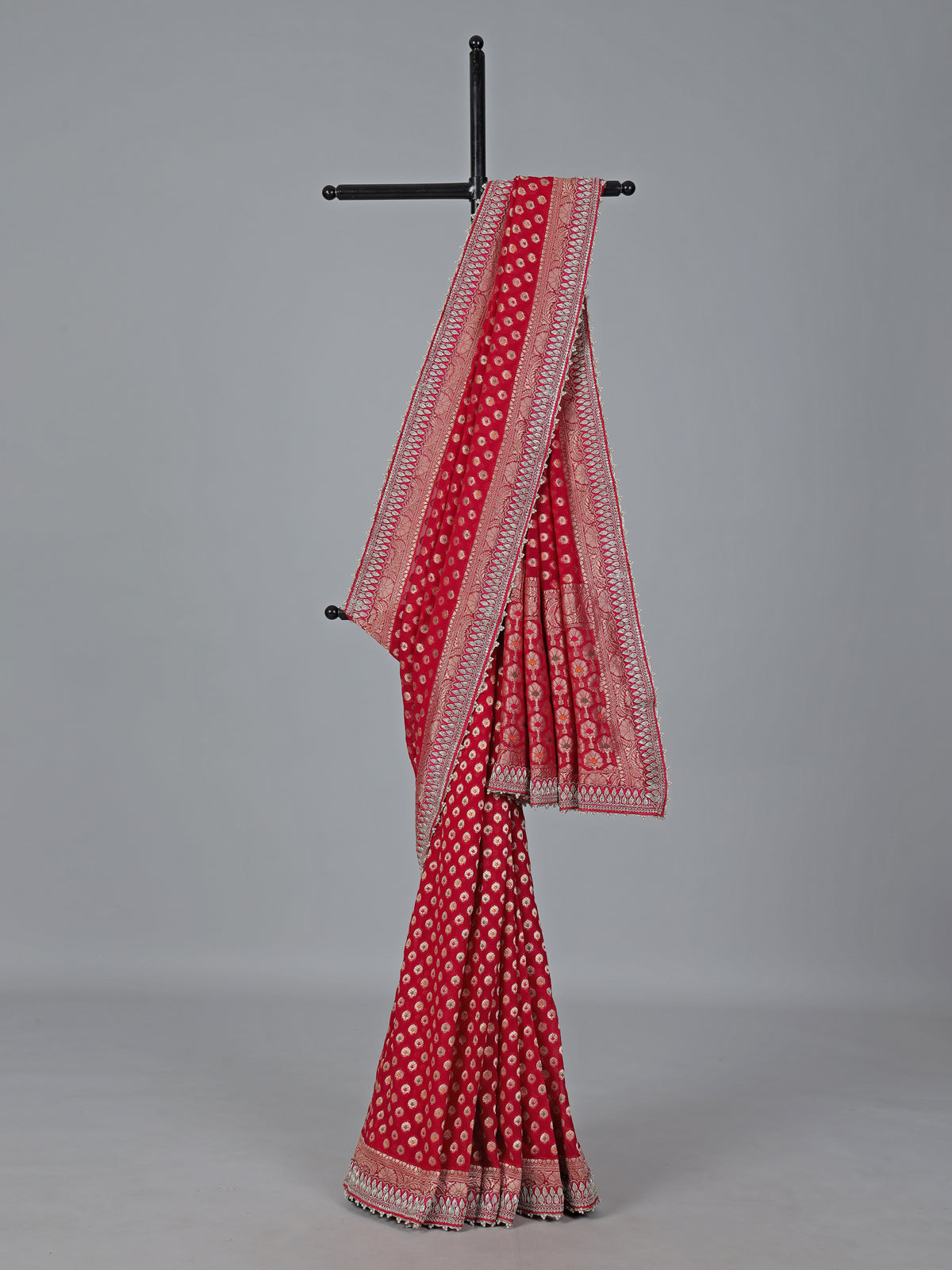 Red georgette butti work festive wear saree charm