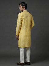 Yellow cotton linen embroidered festive kurta set