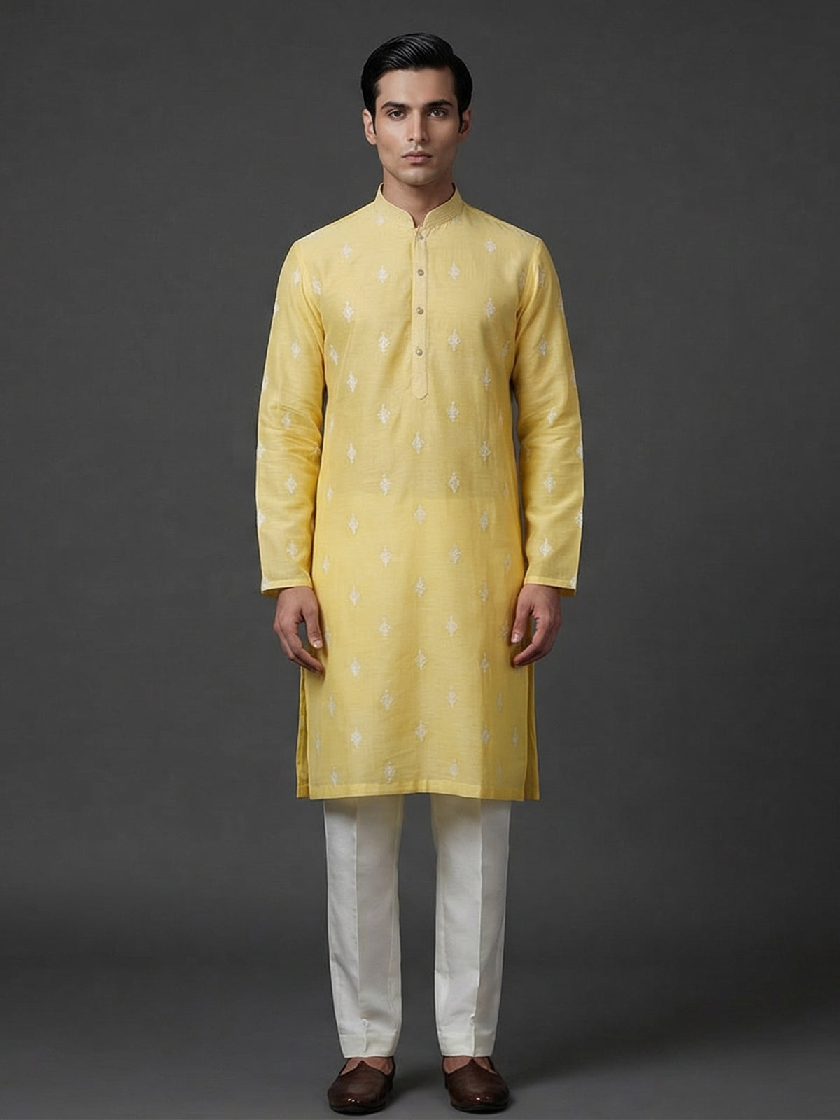Yellow cotton linen embroidered festive kurta set