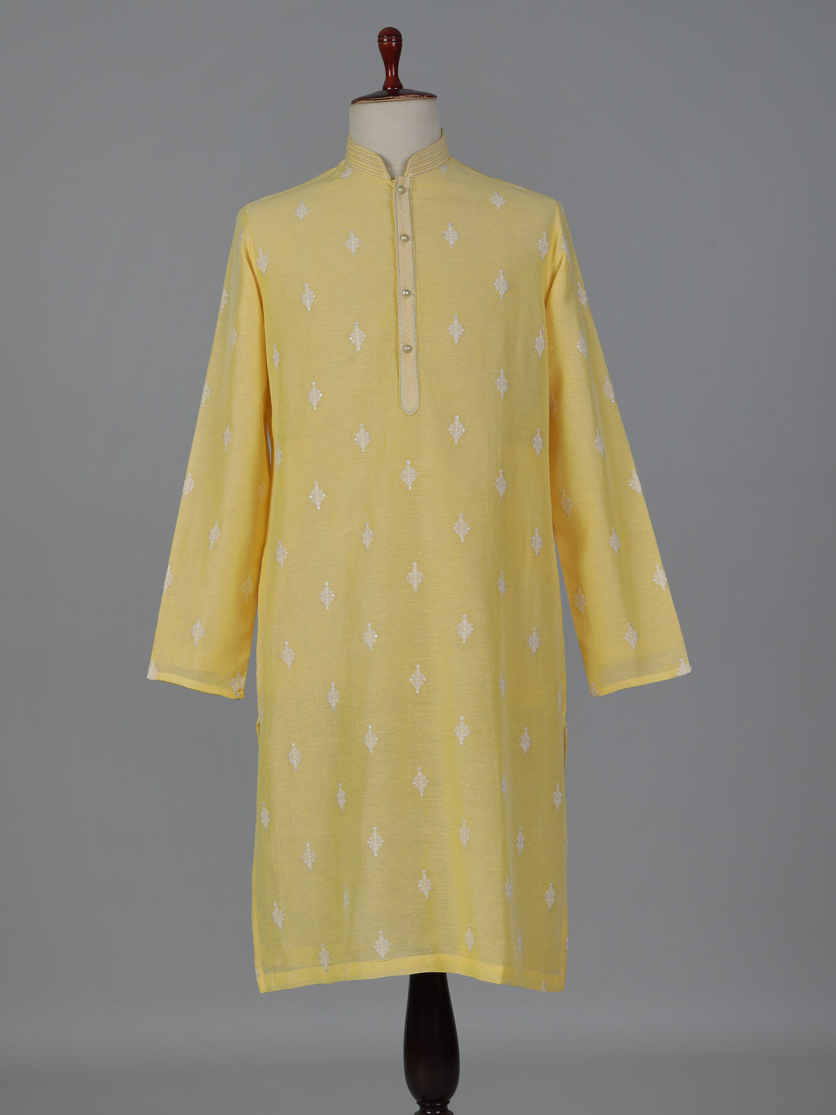 Yellow cotton linen embroidered festive kurta set
