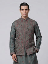 Sage green silk embroidered festive waistcoat set